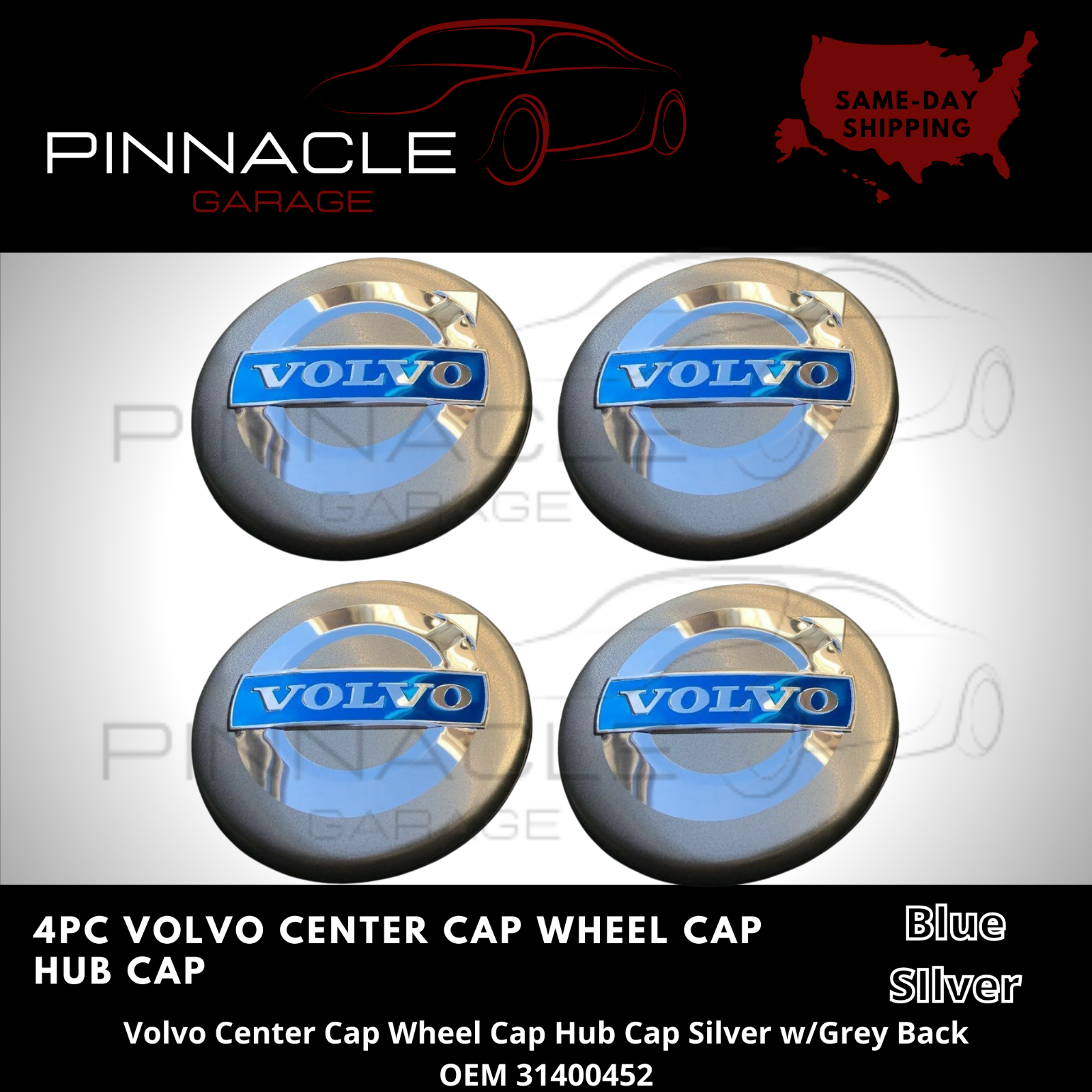 SET OF 4 SILVER & BLUE VOLVO WHEEL RIM CENTER HUB CAPS BADGE EMBLEM ...