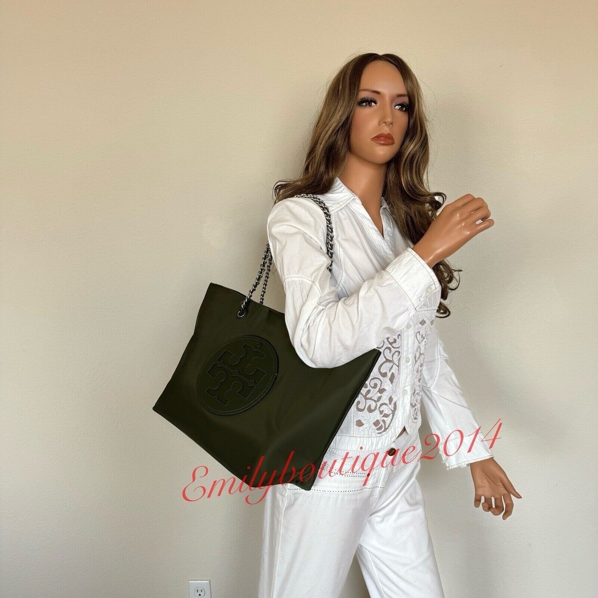 TORY BURCH 152313ELLA001 関税送料込 NWT Tory Burch 152313 Ella Chain Nylon Tote Olive Green