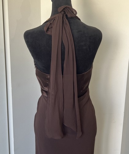 VNTG Donna Ricco Brown Silk Halter dress Sz 10 Rhinestone Asymmetric Y2k Sheer - Picture 10 of 11