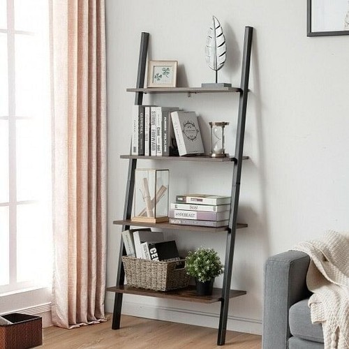 Multipurpose 4-Tier Industrial Leaning Wall Bookcase with Metal Frame-Brown - Co - Picture 2 of 6