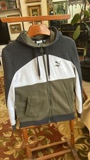 Puma Full Zip Hoodie Mens size S/P Gray/olive/white Casual Outerwear jacket