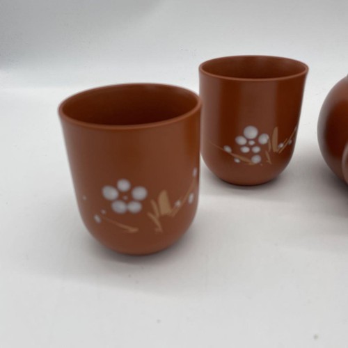 Juego de tetera de cerámica marrón con 4 tazas de té con estampado floral - Imagen 2 de 7