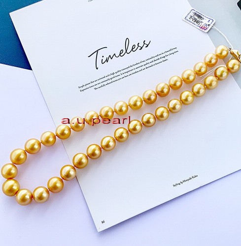 ROUND AAAAA luster 18"10-11MM NATURAL real south sea golden pearl necklace 14K - Picture 5 of 8
