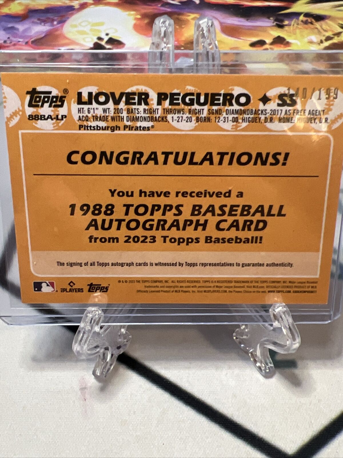 Liover Peguero 2023 TOPPS SERIES 1 1988 TOPPS ON CARD RC AUTO #88BA-LP  PIRATES