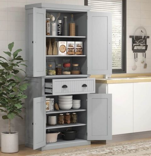 Tall Kitchen Storage Cupboard Cabinet Pantry Grey Freestanding Unit Furniture - Picture 4 of 7