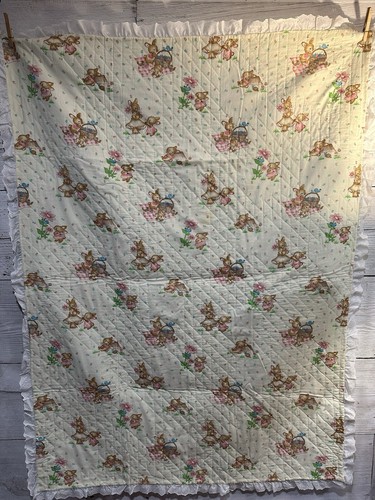 VTG Hand Done Crewel Alphabet Baby Quilt. 43” X 58” Lt Green Wall Hanging - Picture 2 of 19