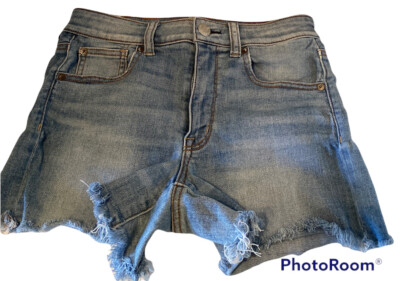 American Eagle Mid Rise Shortie Women Size 6 Blue Stretch Denim Cut-Off (28x3.5)