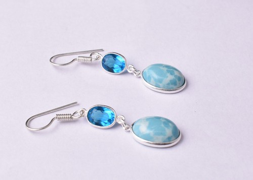 925 Sterling Silver Turquoise Gems Handmade Earrings Baguette Drops Her Gift ES - Picture 6 of 10