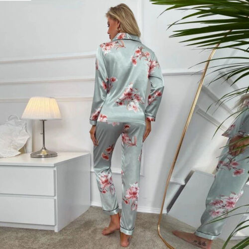 Pigiama donna seta raso pigiama pigiama pigiama da notte stampa manica lunga set - Foto 14 di 18