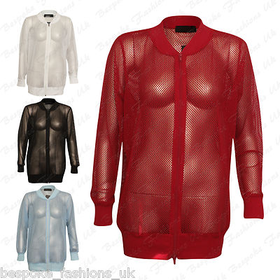 Ladies Women/'s Plus Size Crochet Fish Net See Through Zip Up Bomber Jacket Top