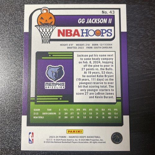 2023-24 Panini Haunted Hoops- Orange #43 GG Jackson II RC- Memphis Grizzlies - Picture 2 of 2