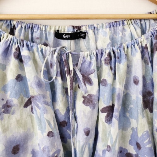 Sportsgirl Linen Blouse Top Size 10-12-14 Blue Green Floral Balloon Sleeve Crop - Picture 3 of 12
