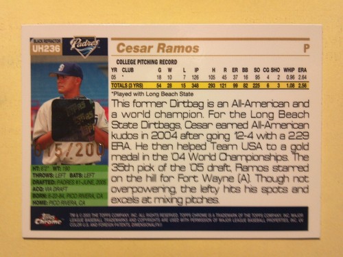 Autógrafo refractor negro Topps Chrome Update 2005 UH236 Cesar Ramos 015/200 - Imagen 3 de 3