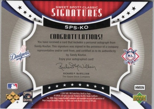 2007 Upper Deck Sandy Koufax SPS-KO Sweet Spot Classic Signatures Gold autograph - Picture 2 of 2