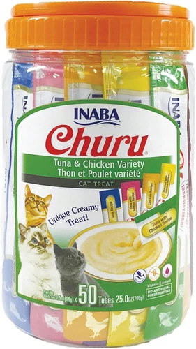Inaba Churu Cat Treats Tuna Chicken Squeezable Puree Treat Tube 0.5 oz, 50 Tubes