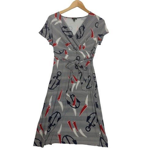 Talbots Dress Womens Petite M Faux Wrap Nautical V-neck Short Sleeve Career