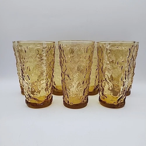 7 Vintage Anchor Hocking Lido Milano Honey Gold Textured Tumblers 12 oz