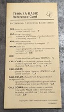TI-99/4a basic reference card Manual, Texas Instruments
