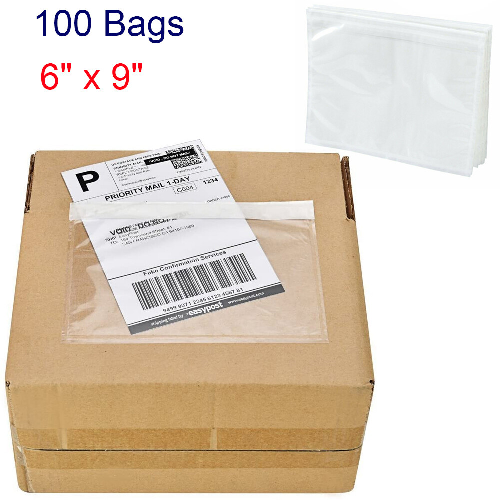 100 6x9 Clear Packing List Invoice Pouch Plastic Self Adhesive 