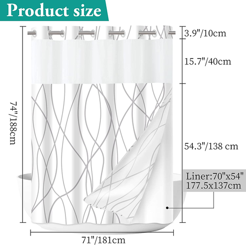 No Hook Grey White Striped Shower Curtain with Snap in Fabric Liner Set - Picture 8 of 8