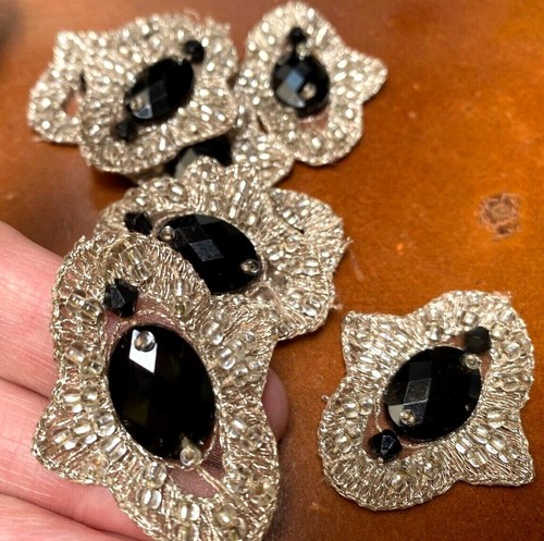 vintage applique embroidered hand sewn metallic beads 1 7/8" x 2 3/4" 1pc - Picture 4 of 17