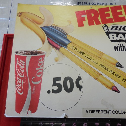 VINTAGE COKE TWO SIDED FREE BIC BANANA PEN WITH PURCHASE POSTER - Picture 8 of 10