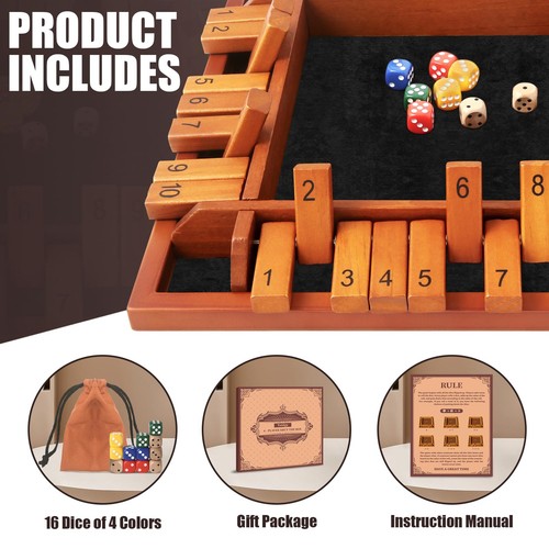 4 Players Shut The Box Dice Games, Wooden Board Table Math Game with 12 Dice ... - Picture 2 of 7