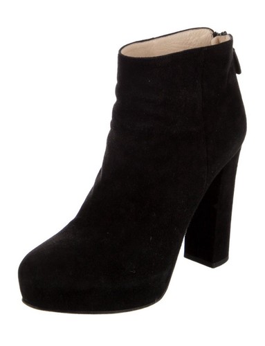 Prada Authentic Solid Black Suede Leather Block High Heel Boots Booties 8 - Picture 2 of 8