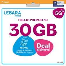 LEBARA HELLO! 30 Prepaid SIM-Karte | Allnet-Flat Telefonie & SMS | 30 GB Daten