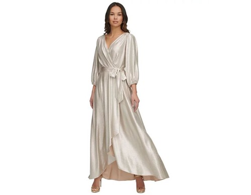 DKNY Women's Metallic Textured Faux Wrap Gown Dress, Gold, 4