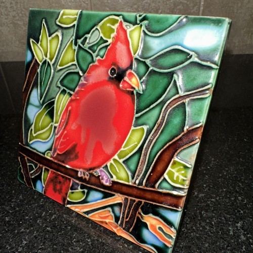 Small Decorative 4"x4" Colorful Glazed Wall or Desk Tile of Cardinal - Picture 2 of 5