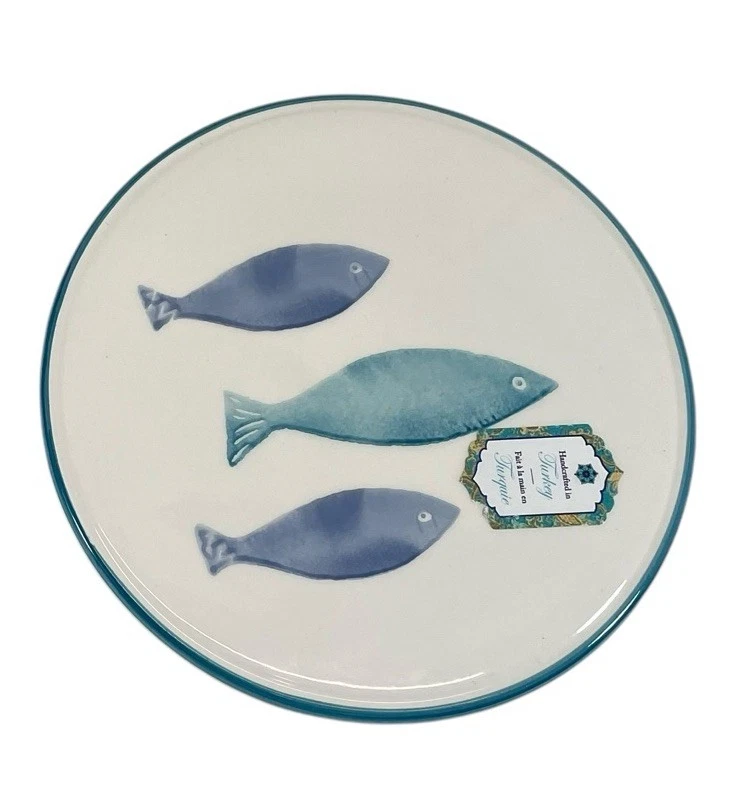 S/2 Papart Seramik 8" Remaches Azul Teal Pez Pintado a Mano Hecho en Turquía NUEVO Foto 3 de 4