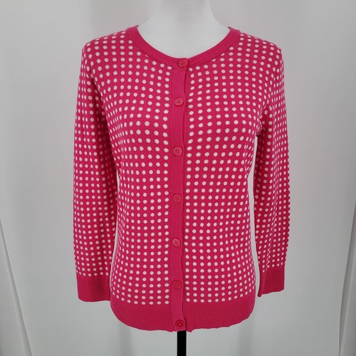 Merona Strickjacke Damen Medium Baumwolle Strick Knopfleiste gepunktet rosa weiß