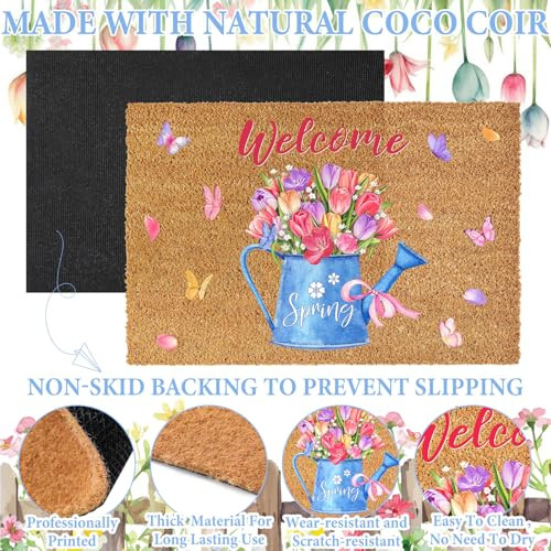 Spring Coir Doormat for Front Door Entryway Flower Truck Tulips Welcome Mat - Picture 5 of 8