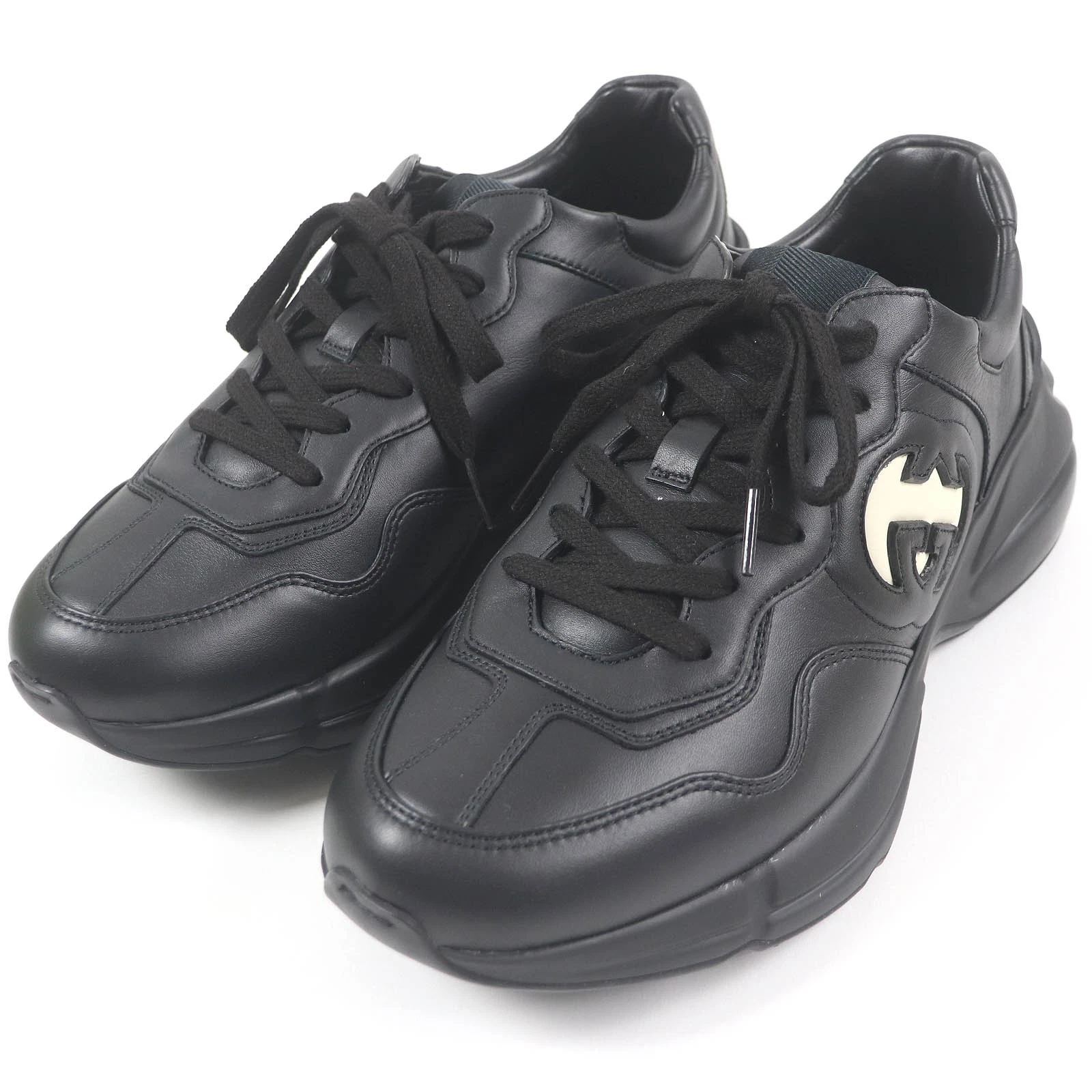 Chaussures papa imbriquées GUCCI 757857 baskets en cuir noir 7,5 sac fabriqué