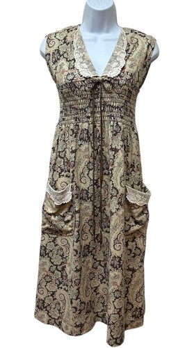 Vintage Dainty Lace Trim Western Boho Midi Dress Stretch Bodice Fit Size S