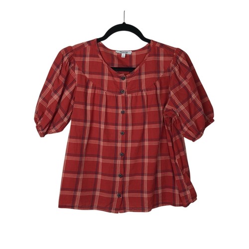 Madewell Womens Plaid Button Down Short Sleeve Shirt Size S Brown Peasant Prarie