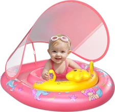 Baby Pool Float with UPF50+ Canopy - Inflatable Swim Float, Adjustable Safety
