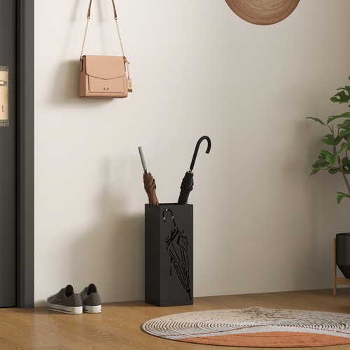 Metal Umbrella Stand with 4 Hooks and Removable Drip Tray for Hallway Black - Picture 7 of 11