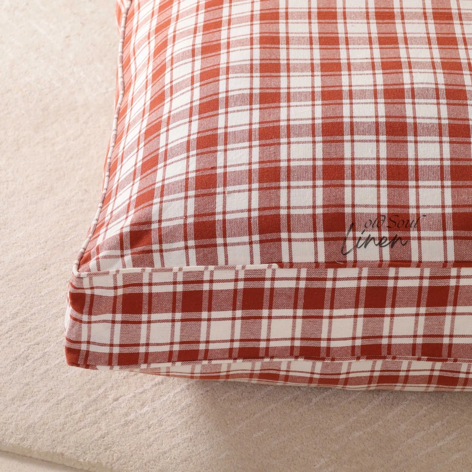 Red Plaid Floor Cushion Cover Gauze Linen Pouf Pillow Case Boho Farmhouse Decor - Image 3 of 4