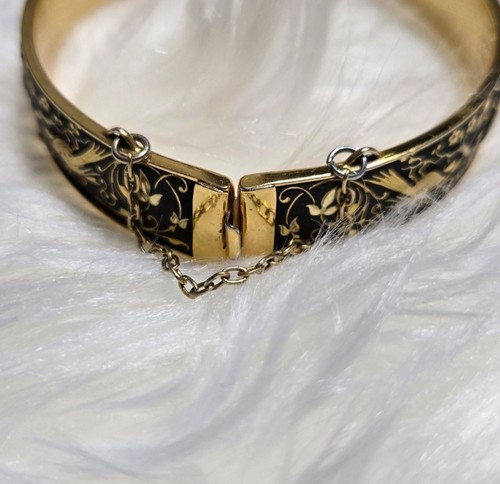 Elégant bracelet manchette vintage à charnière fleurs et oiseaux damas ton noir et or - Photo 9/10