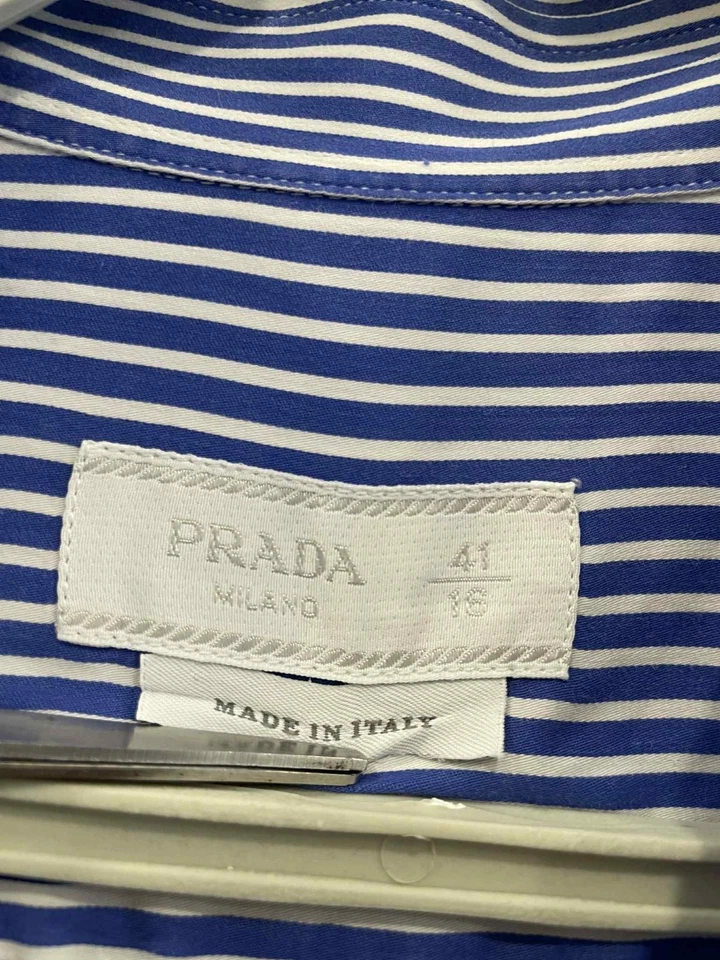 Camisa de Vestir Prada Milano Azul Blanco Rayas Talla 41 (M/L) Hecha en Italia #C9 Foto 3 de 4
