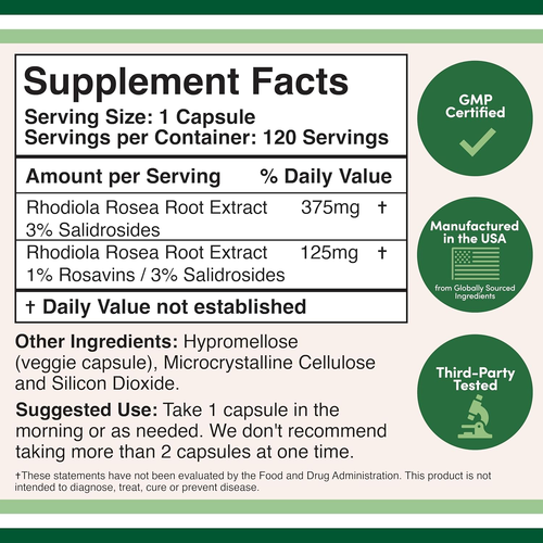 Rhodiola Rosea Supplement 500Mg, 120 Vegan Capsules (Third Party Test, Gluten Fr - Picture 2 of 6