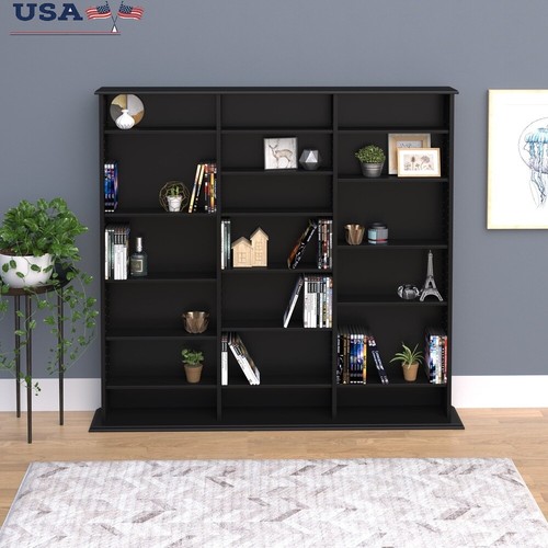 Triple Wall Media Storage Rack CDs DVDs Videos Adjustable Shelves Black New - Picture 1 of 7