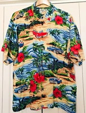 Big Dog Hawaiian shirt L multicolor nylon cars floral beach scenes