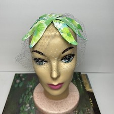 Vintage Green Blue Flower Mesh Fascinator Birdcage Veil Whimsy Rare Headpiece