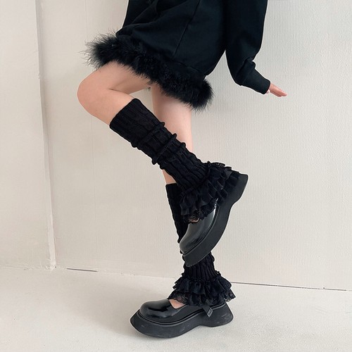 Lady Lace Ruffle Cable Knit Leggings Knitted Leg Warmers Boot Cuff Socks Fashion - Picture 5 of 16