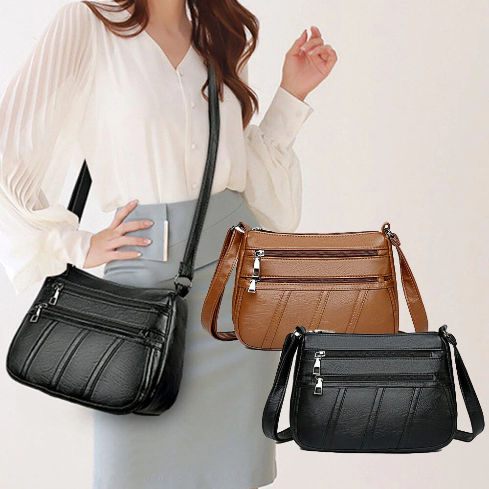 Messenger Bag PU Leather Shoulder Bag Multi Pocket Women Handbags Black Brown