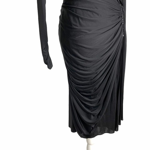 Vintage 80s Black Bodycon Ruched Long Sleeve Open Back Dress Small - Picture 5 of 12