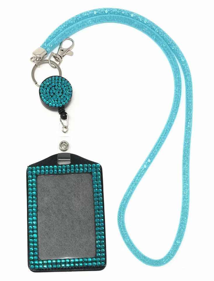 网眼水晶串珠 LANYARD 带可伸缩卷轴和垂直 ID 徽章夹 — 第 3/4 张图片